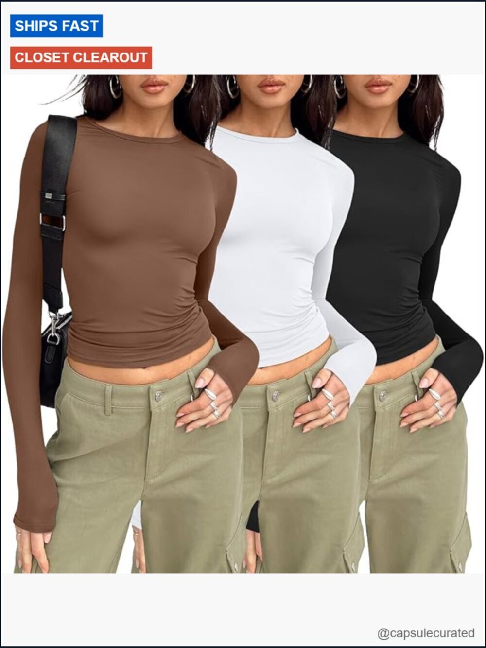 3 Pack Women's Crew Neck Long Sleeve Slim Fit Crop Tops